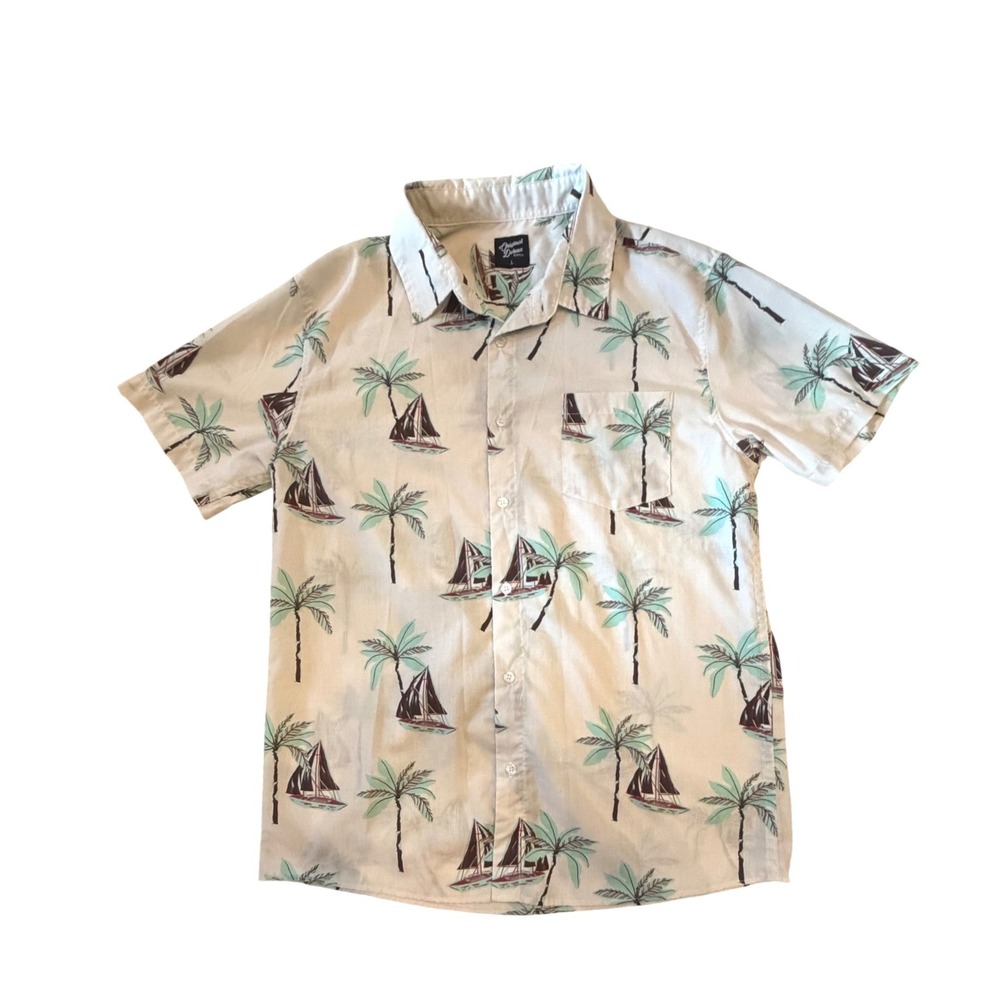 Original Deluxe Supply Mens Large Tropical Palm Tree Sailboat Button Down Shirt